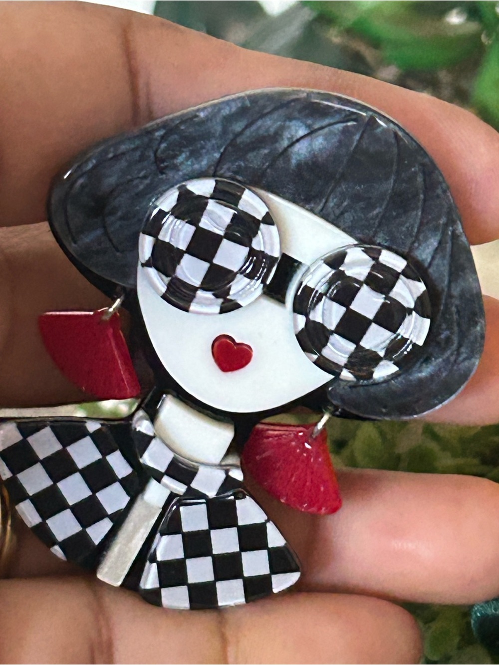 Stylish Checkerboard Woman Enamel Brooch - Black & White with Red Accents